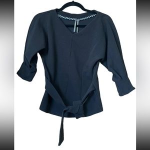 Anthropologie Black Ribbed Tie Beltn Dolman Sleeve V-Neck Blouse Black XS